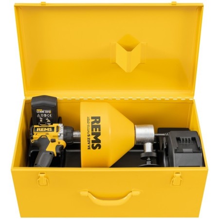 Rems Mini-Cobra S 22V VE Manual drain cleaner set in sturdy metal case