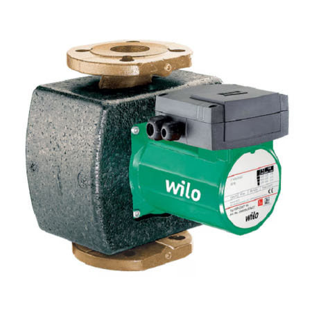 Wilo TOP-Z 80/10 DM PN10 GG Pompe monocellulaire à rotor noyé pour recirculation sanitaire. 3 vitesses, réglables manuellement. Alimentation 3~400 V/50 Hz. Raccords à brides DN 80 PN 10. Pression nominale PN 10. Corps de pompe en fonte. Entraxe 360 mm.
