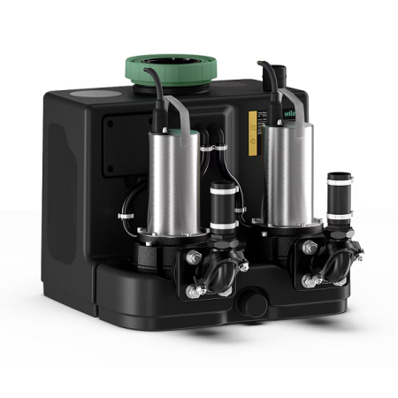 Station de relevage des eaux usées Wilo DRAINLIFT SANI CUT-L.27T/1 avec 2 pompes et broyeur double effet, également pour installation murale. Tension 3~400 V - 50 Hz - Volume utile 64 l.