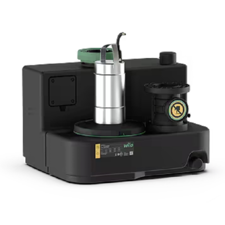 Estación de bombeo de aguas residuales Wilo DRAINLIFT SANI-M.12M/1 con una bomba integrada, totalmente sumergible. Volumen bruto del depósito: 50 l. Alimentación monofásica de 230 V/50 Hz. Modo de funcionamiento S3 y unidad de control MS-L.