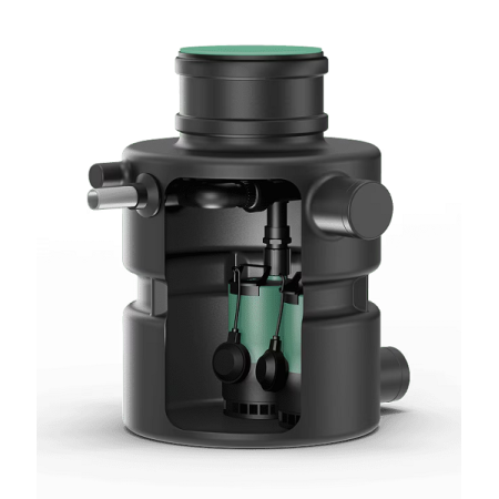 Wilo DRAINLIFT BOX 32/8 Lifting station with 85 l (gross) tank. Integrated submersible pump including float switch. Power supply 1~230 V/50Hz. 3 x DN 100 inlets. Pre-assembled internal delivery pipe DN 40 with check valve.