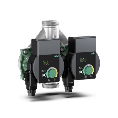 Circulador doble de rotor húmedo Wilo YONOS PICO-ZD 25/0.5-6 180 de alta eficiencia. Alimentación monofásica. Puertos roscados G 2''. Temperatura: -10 °C + 95 °C. Grado de protección: IP X4D. Presión nominal: PN 10. Distancia entre centros: 180 mm.