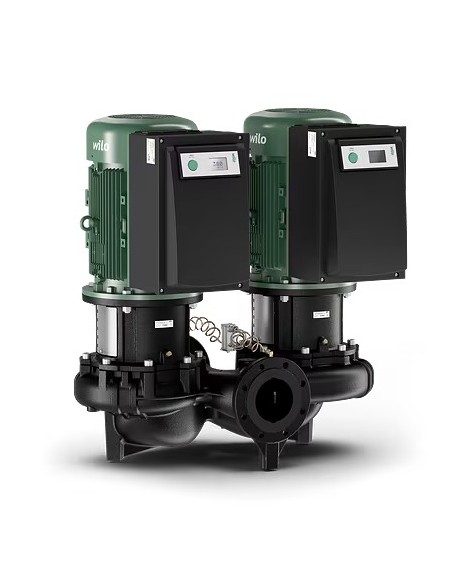 Wilo DL-E 50/180-7.5/2 High-efficiency ''IE4'' ventilated motor twin pump, electronically regulated in-line type, complete with differential pressure transducer. Alim. 3~400 V/50 Hz. DN 50 PN 16 flanged ports. Center distance 440 mm